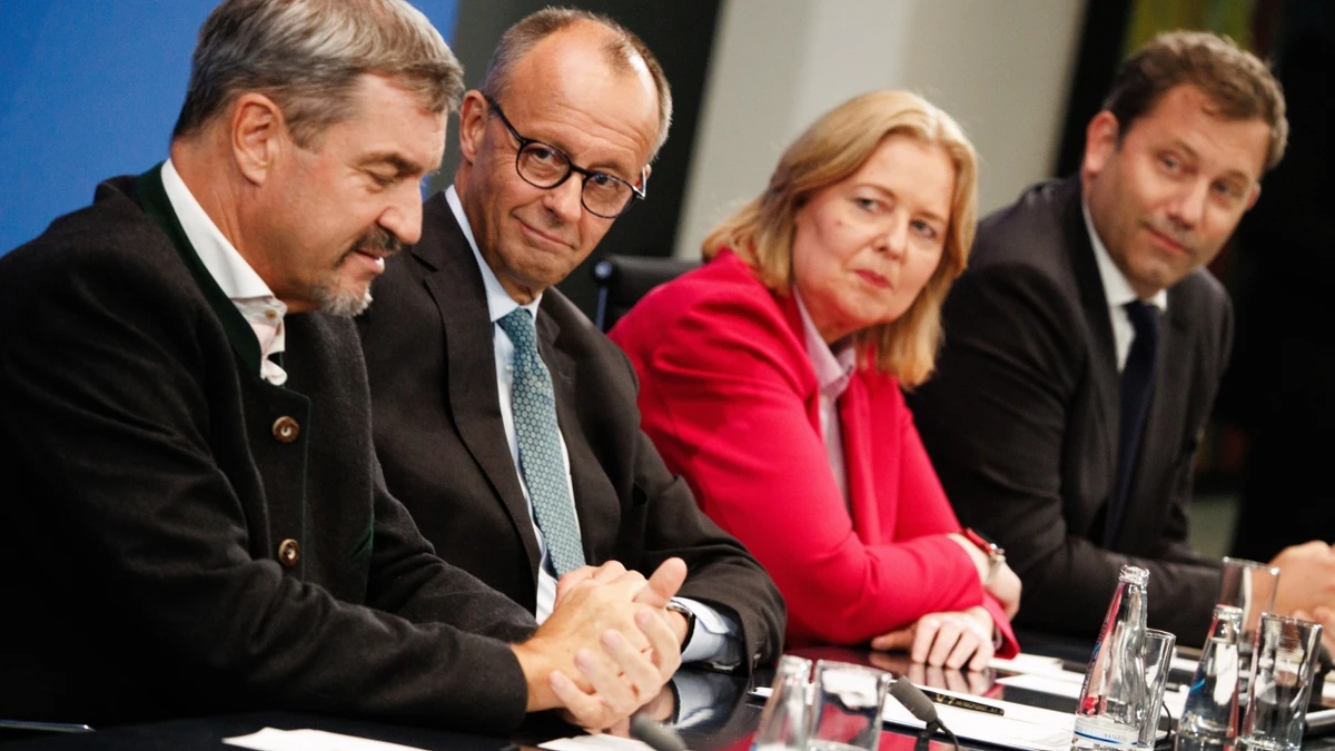 Die Vorsitzenden der Koalitionspartner, Markus Söder, Friedrich Merz, Bärbel Bas und Lars Klingsbeil, am Mittwoch nach dem Koalitionsausschuss - EPA