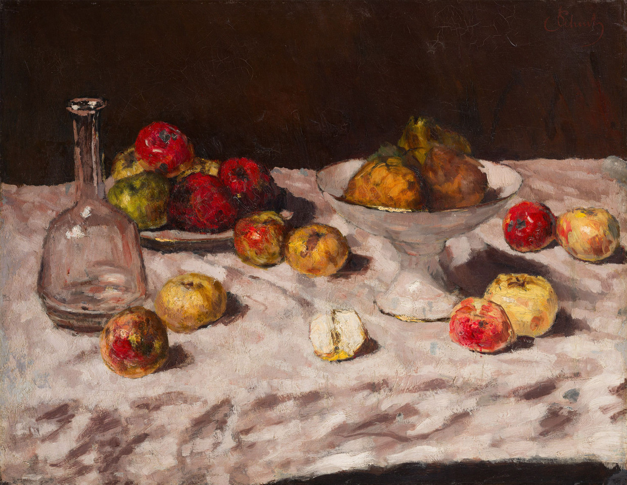 Welterkundung in Ölfarbe: Carl Schuchs „Äpfel auf Weiß, mit halbem Apfel“, um 1890