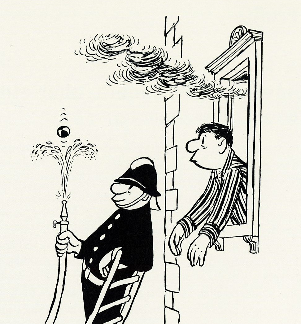 Auch der Tonfall unverkennbar Loriot: „Brandmeister Dröge versichert, diese Darbietung in dringenden Fällen auch mit zwei Bällen zeigen zu können, vorausgesetzt, dass ihm zwei Schläuche zur Verfügung gestellt werden.“