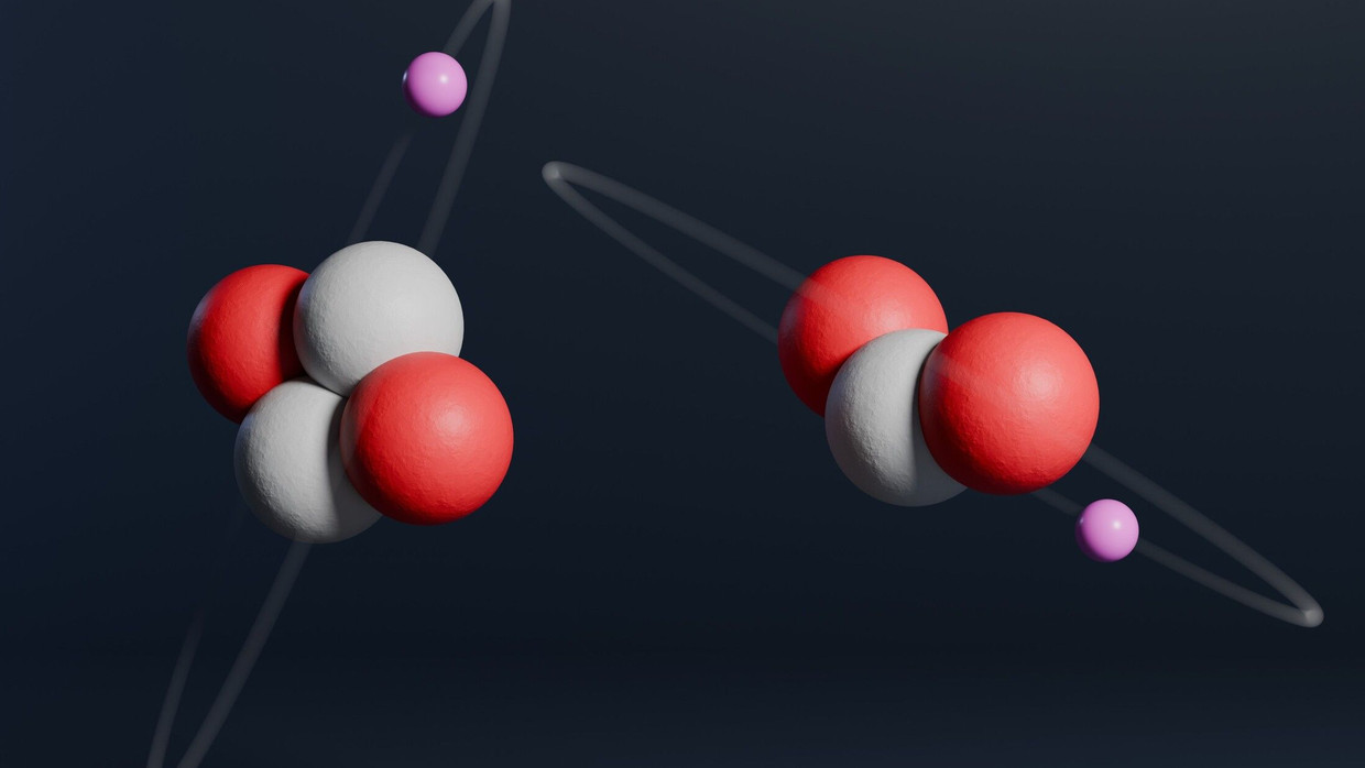 Illustration der beiden stabilen Helium-Isotope Helium-4 (links) und Helium-3. De rote Kugel symbolisiert ein positiv geladenes Proton, die grüne Kugel ein ungeladenes Neutron.