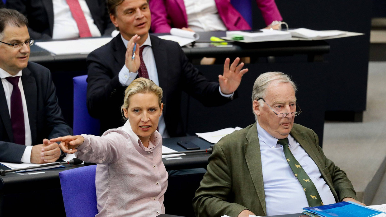 Alice Weidel (l.) und Alexander Gauland (r.), die Fraktionsvorsitzenden der AfD, im Bundestag während einer Rede des früheren CDU-Fraktionschefs Volker Kauder Alice Weidel (l.) und Alexander Gauland (r.), die Fraktionsvorsitzenden der AfD, im Bundestag während einer Rede des früheren CDU-Fraktionschefs Volker Kauder