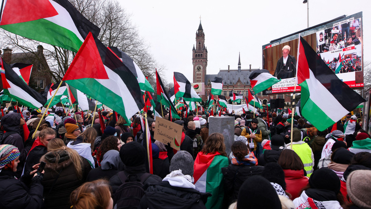 Propalästinensische Demonstranten während der Anhörung im Januar in Den Haag Propalästinensische Demonstranten während der Anhörung im Januar in Den Haag