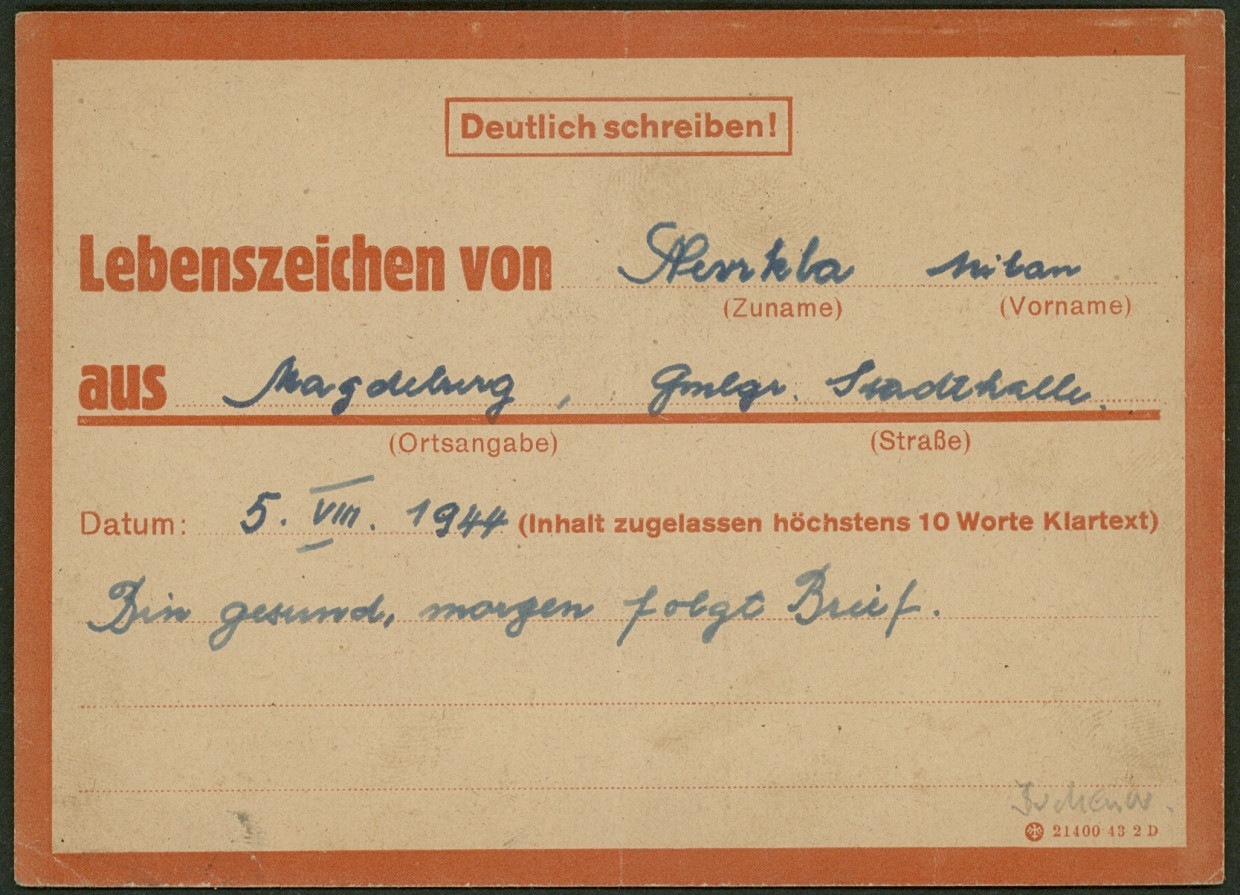 Eines der Lose der Auktion: „Lebenszeichen“-Vordruckkarte aus Buchenwald, 1944