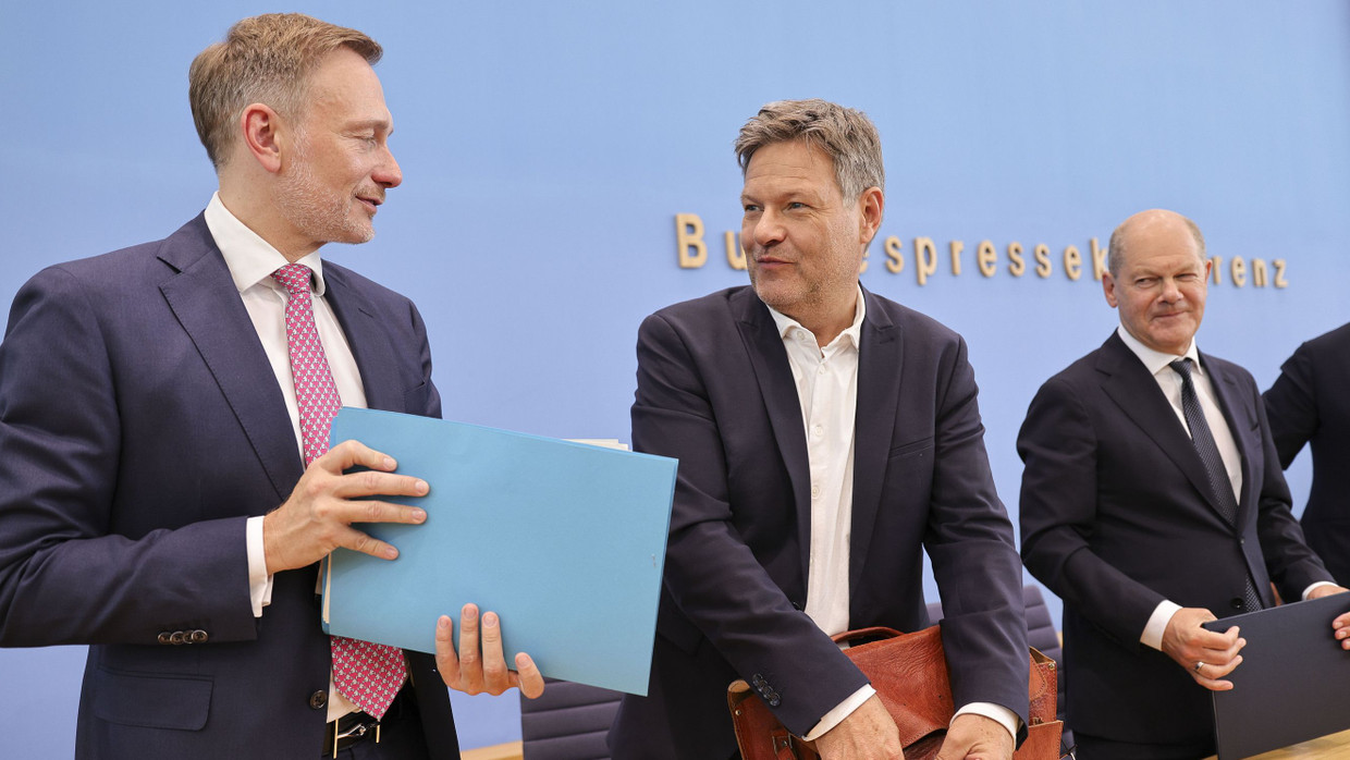 Finanzminister Lindner, Wirtschaftsminister Habeck und Bundeskanzler Scholz am Freitag in Berlin