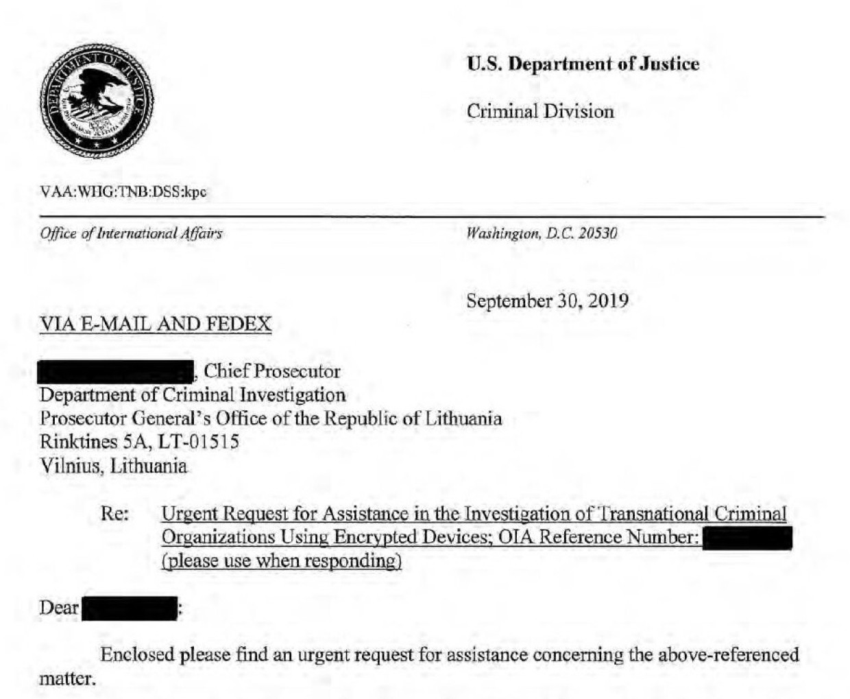 Rechtshilfeersuchen: Schreiben der US-Behörden an Litauen