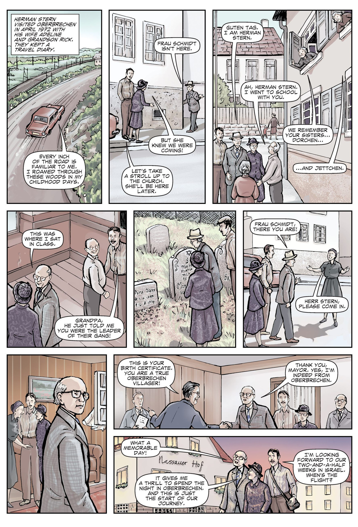 Diese Seite aus dem Comic „Oberbrechen“ zeigt den 1903 ausgewanderten Herman Stern bei seiner Rückkehr ins Dorf seiner Kindheit. Er hattevon den Vereinigten Staaten aus Dutzenden Juden bei ihrer Flucht vor den Nazis geholfen.