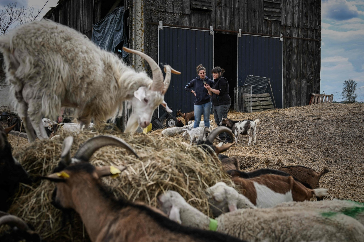 Philippine Jean unterhält sich mit einer Bäuerin auf ihrer Farm in Faguerolles.