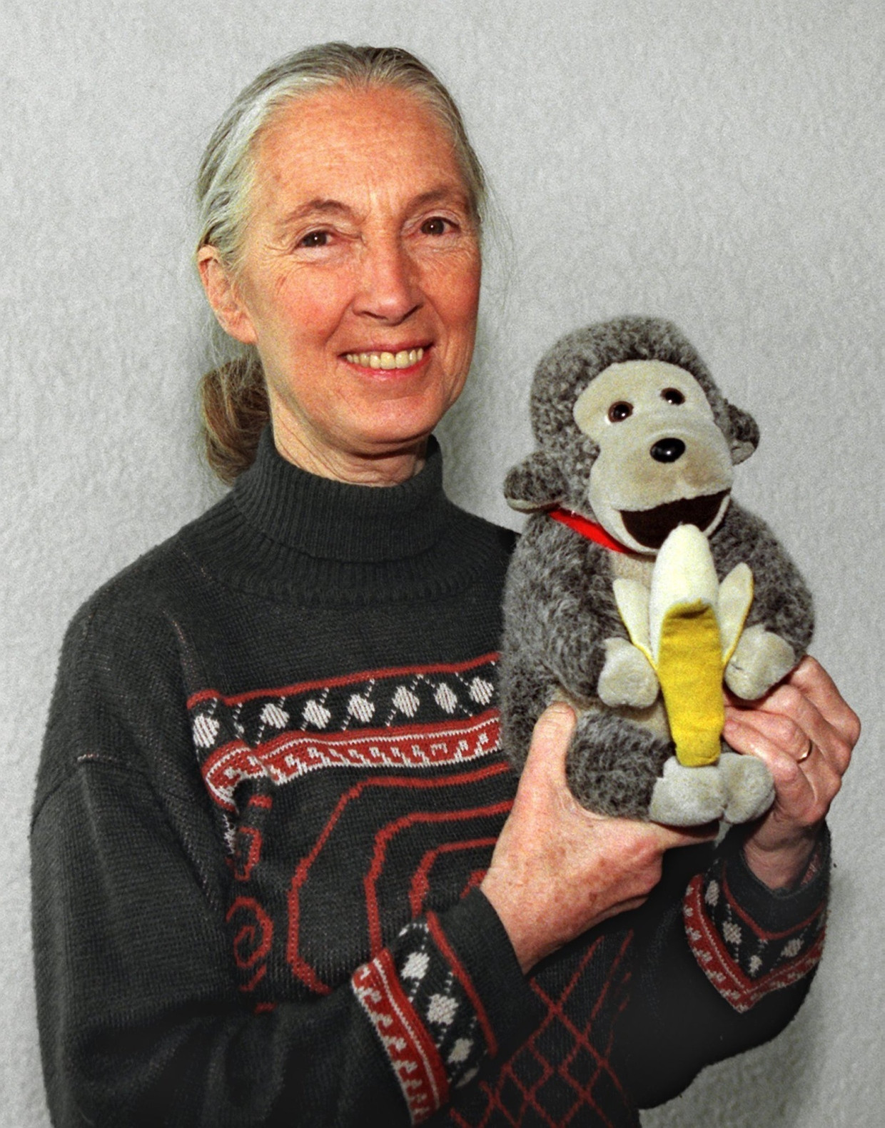 Nicht mit Jubilee, dem Stoffaffen ihrer Kindheit, sondern einem späteren Nachfolger: Jane Goodall 1997 in Frankfurt