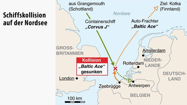 Der Auto-Frachter „Baltic Ace“ sank 65 Kilometer vor der niederländischen Küste.