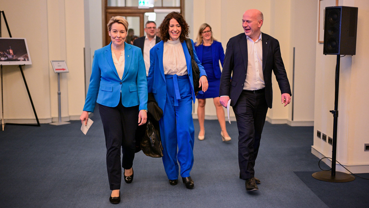 Franziska Giffey (SPD), Bettina Jarasch (Grüne) und Kai Wegner (CDU) Ende Februar im Berliner Abgeordnetenhaus.