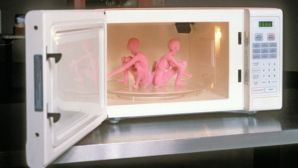 Verstrahlt: Humanoide 3-D-Drucke in Julia Schers Mikrowellen-Assemblage „Ameratherm Microwave #10“ von 2000 in der Galerie Drei
